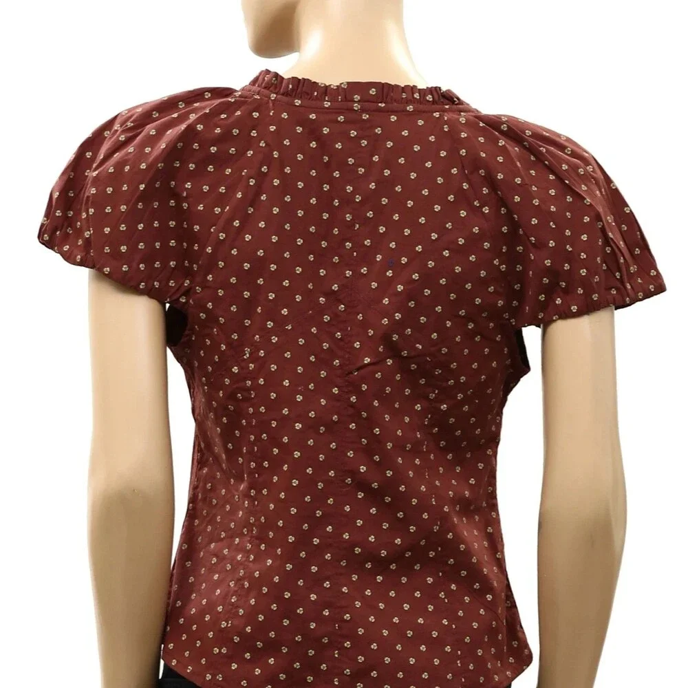 Free People Puff Sleeve Printed Blouse Top Buttondown Floral Ruffle S 289177